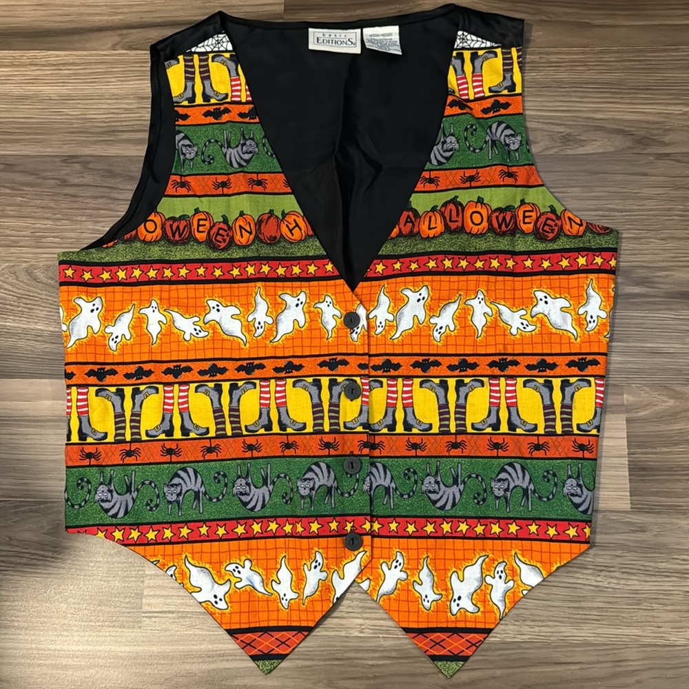 Basic Editions Halloween Vintage Bright Multi Button Tie Lined Cotton Vest M - Picture 2 of 10